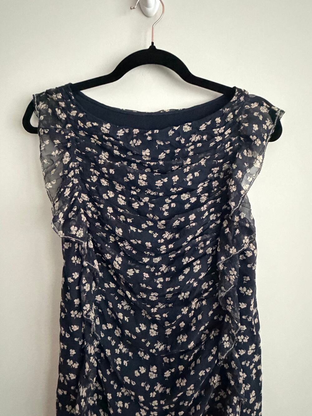 3.1 Phillip Lim 100% Silk Ruched Floral Shift Dress Navy/Cream Size 4
